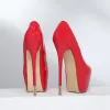 Pompes super hautes talons 16 cm rouges de mariage femmes chaussures en métal noir plate-forme en cuir breveté rond rond