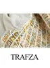Blusas femininas trafza feminino estilo boêmio blusa impressão com decote em v lanterna manga rendas cintura elástica verão camisas casuais femininas 2024 na moda