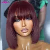 Perruques synthétiques 180 densité 99J Machine complète Machine à bob courte Bob Wigs avec une frange pour les femmes noires Couleur bordeaux raide perruques de cheveux humains Pas de perruques en dentelle Y240401