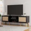 Boho TV -stativ för TV -apparater upp till 65 med rottingdörrhyllor och 2 skåp - Black Entertainment Center Media Console för vardagsrum