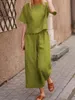 Femmes coton lin costume mode confortable à manches courtes et pantalons longs couleur unie décontracté ample surdimensionné ensembles d'été robe haut 240319