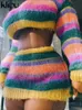 kliou Fall Women Sweater Sweet Casual O-Neck Rainbow Full Sleeve Fluffy Knitted Tops Girl All-match Warm Home Street Cardigan 240320