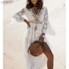 Grundlegende lässige Kleider Canwedance Womens Lace Beach Kleider Vintage Flare Sleeve Hohllout Boho Maxi mit Quasten romantischer Urlaub Vestidos YQ240402