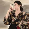 Blouses Femmes Femmes Slim Black Floral Lantern Sleeve Kpop Vintage Temper Cropped Esthétique Designer Chemise Femme Sunscreen Tendance