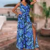 Casual Dresses Slits Flower Print Bohemian Long Dress Women's Summer Sleeveless V Neck Suspenders Elegant Maxi Beach