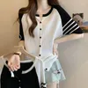 Women's Knits Summer Round Neck Fashion Short Sleeve T-Shirts Women Casual Striped Cardigan Loose Button Elegant All-match Tops