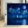 Rideaux de douche Rideau Fond paisible Bleu Nuit Ciel Lune Étoiles Beaux Nuages ​​Sea Surface Motif Baignoire avec crochets