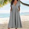 Party Dresses Casual Boho Skirt Elegant V Neck A-line Midi Dress With Pleated Hem Short Sleeves Pockets Women's Summer Vacation Beachwear