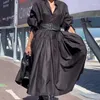 Pantalon de deux pièces pour femmes Robes noires d'été Femmes Ceinture Plie Manches bouffantes Robe de bal Taille haute Casual Streetwear Élégant Sexy