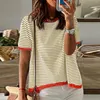 T-shirt da donna Top estivi da donna Girocollo casual Manica corta Camicetta pullover alla moda a righe color block lavorata a maglia alta e bassa