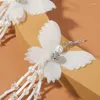 Brincos pendurados moda feminina tecido branco borboleta gota para mulheres na moda tubo de vidro pérola cristal frisado borla brinco longo