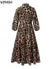 Casual Jurken VONDA 2024 Zomer Vrouwen Jurk Bohemian Elegante Luipaardprint Lange Lantaarn Mouw Losse V-hals Party Robe Femme