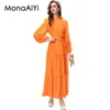 Vestidos casuais monaaiyi designer de moda feminina gola translúcida manga sopro destacável cinto plissado retalhos vestido laranja