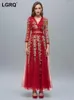 Casual Dresses Women's Dress Luxury Gold Embroidery Floral Fashion V Neck High midja långärmad mesh Elegant 2024 3WQ5718