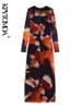 KPYTOMOA Frauen Mode Mit Rüschen Gedruckt Tüll Midi Kleid Vintage Langarm Seite Zipper Weibliche Kleider Vestidos Mujer 240315