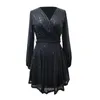 Casual Dresses Elegant V-neck Dress V Neck Long Sleeve Evening With Belted Waist A-line Silhouette For Party Prom Mini