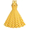 Casual Jurken Sexy Halter Zomer Vrouwen Geel Polka Dot Print Hepburn Stijl Zonnejurk Retro Jaren 50 60 Vintage Midi Vestidos