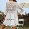 Sexy Hollow Out V Neck Beach Dress Smock Bikini Swimsuit Sunscreen Clothing Summer White Cover Up For Women Bathing Suit