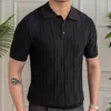 Men's Polos 2024 British Slim Lapel Knitted Striped Casual Polo Shirt Summer Jacquard Neck Solid Color Short-sleeved T-shirt