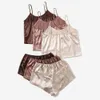 Ds1t sexig pyjamas sexig satin pyjama set 2 pc sömnkläder kvinnor pajamas ärmlös söt cami topp och shorts elastisk midja nattkläder silkeslen hemdräkt 2404101