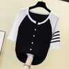 Women's Knits Summer Round Neck Fashion Short Sleeve T-Shirts Women Casual Striped Cardigan Loose Button Elegant All-match Tops