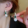 Boucles d'oreilles pendantes Minar INS Mode Simulé Perle Cerceau Carré Rose Vert CZ Cubique Zircon Huggie Boucle D'oreille Pour Les Femmes Bijoux De Fête De Mariage