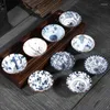 Cups schotels 6 stks/set blauw en witte porseleinen theekop set Chinese keramische drinkware retro gaiwan creatieve geschenken willekeurig