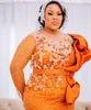 2024 ASO EBI Plus Size Orange Mermaid Prom Dress Crystals Beaded Evene