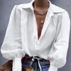 Blusas femininas 2024 outono manga bufante camisas femininas lapela longa decote em v botões blusa cor sólida casual elegante topos