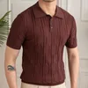 Men's Polos 2024 British Slim Lapel Knitted Striped Casual Polo Shirt Summer Jacquard Neck Solid Color Short-sleeved T-shirt