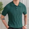 Men's Polos 2024 British Slim Lapel Knitted Striped Casual Polo Shirt Summer Jacquard Neck Solid Color Short-sleeved T-shirt