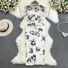 Casual Dresses Chinese Style Retro Women Dress Stand Up Collar Slim Wrap Hip 2024 Summer Ink Paint Print Split Skirts