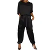 Women's Two Piece Pants Double Pocket Women Suit Elegant Satin Top Set With Lace-up Waist Three Quarter Sleeves Casual Pockets Soft