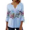 Damesblouses Damesblouse Bloemenprint V-hals Half Single-breasted Dame Zomeroverhemd Driekwart mouwen Strakke taille Losse zoom Dames