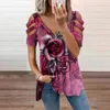 T-shirt da donna T-shirt elegante con stampa grande rosa T-shirt estiva da donna scava fuori splicing Top a maniche corte Moda allentata con scollo a V Cerniera T-shirt femminile