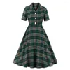 Party Dresses Enyuever Green Plaid Dress Women Summer Short Sleeve Button Cotton Robe Pin Up Tunic Swing Vintage 50s 60s Retro Clothes