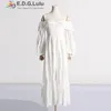 Vestidos casuais edglulu design fora do ombro lanterna mangas vestido longo mulheres elegante luxo oco bordado renda solta branco babados