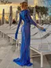 Hugcitar Ruffles V Neck Long Sleeves Bandage Slit Sexy Bodycon See Through Maxi Dress Fall Women Beach Vacation Outfit Y2K 240401