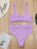 Costume da bagno da donna Bikini a vita alta tinta unita viola con strass a gamba alta con costume da bagno di lusso costume da bagno sexy push costume da bagno in due pezzi J0330