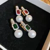 Boucles d'oreilles pendantes Minar INS Mode Simulé Perle Cerceau Carré Rose Vert CZ Cubique Zircon Huggie Boucle D'oreille Pour Les Femmes Bijoux De Fête De Mariage