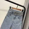 Jeans femininos conjunto de contas de unhas trado luz azul cintura alta feminino apertado pés pequenos calças lápis