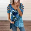 T-shirt da donna T-shirt elegante con stampa grande rosa T-shirt estiva da donna scava fuori splicing Top a maniche corte Moda allentata con scollo a V Cerniera T-shirt femminile