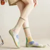 Женские носки, летние ультратонкие прозрачные шелковые модные женские носки в стиле Харадзюку с цветочным принтом в стиле ретро, японский стиль, красочные милые носки Kawaii