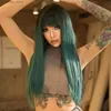 Synthetic Wigs NAMM Layered Wig Synthetic Green Top Dyed Black Wig for Women Cosplay High Density Black Wavy Wigs with Fluffy Bangs Glueless Y240401