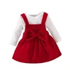 Prowow meninas conjuntos de roupas para bebê branco bodysuitbowknot vestido de veludo vermelho festa de aniversário infantil terno traje 240327