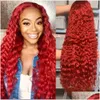 Synthetic Wigs Red Lace Frontal Wig Curly Human Hair Deep Wave 13X4 Transparent Front For Black Women Pre Plucked Drop Delivery Produc Dh7No