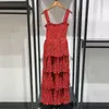 Casual Dresses Women Flower Printed Red Sleeveless Dress Spring 2024 Ladies Square Collar Cake Female High Waist Pleated Midi Skirt