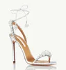 Luxury designer High Heel Dress Shoe aquazzura sandal Woomen Dancer bride Sandals Beads Crystal-embellished Ankle Ties Stiletto Wedding party summer walk open toe