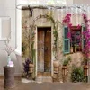 Rideaux de douche Rideau de style ferme Jardin en pot Plantes vertes italiennes Vintage Windows Méditerranée Grèce Scène Salle de bain Décor