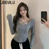 Cross Exposed Collarbone Long Sleeved T-shirt Womens Slim Open Navel Crop Tops Spring and Autumn Patchwork Korean Sexy Y2k Tee 240315